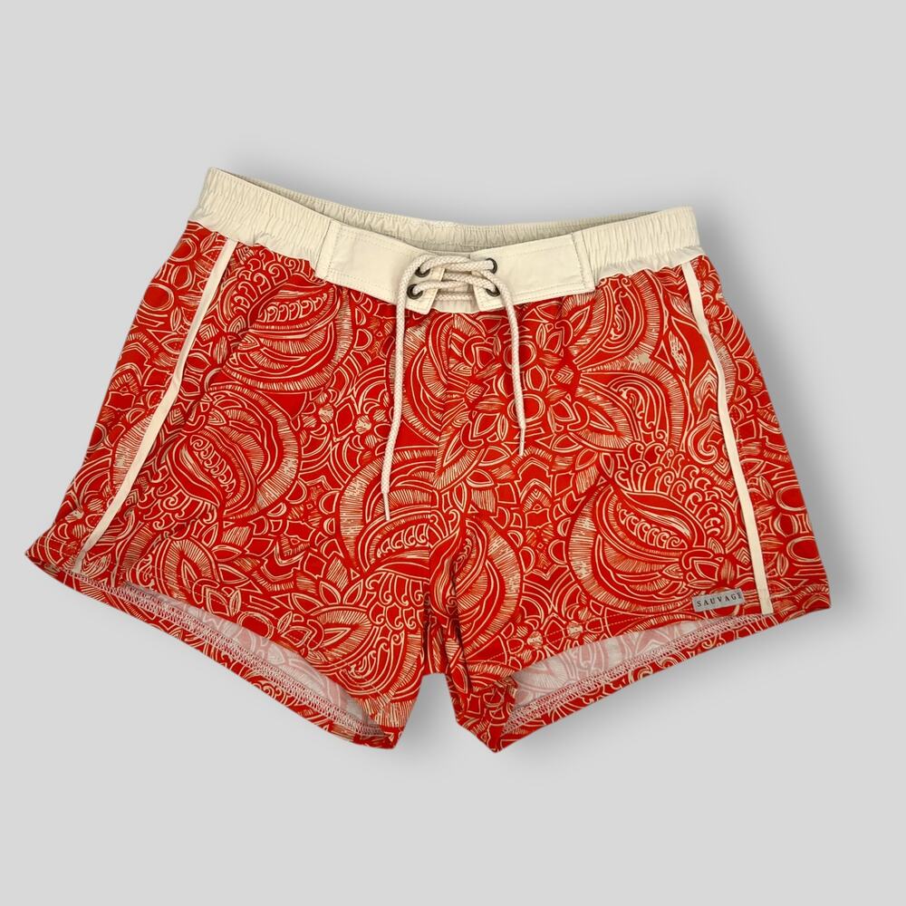 Sauvage Vintage Bali Swim Trunks Orange Retro Print Men's Size XL